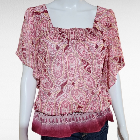 Mudd Pink Paisley Sheer Peplum Square Neck Blouse Size Large - Picture 1 of 6